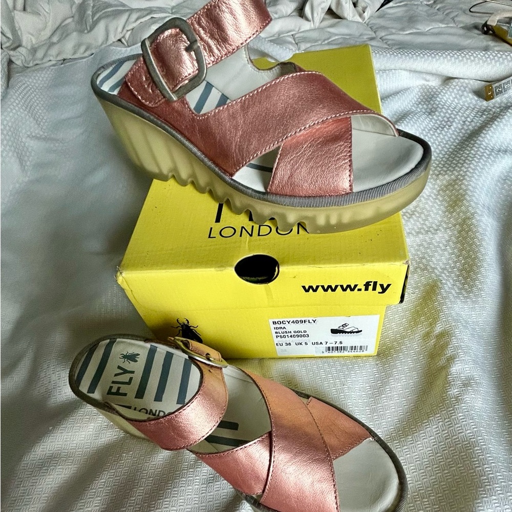Fly London Metallic Rose Gold / Pink Wedge Slide with Buckle Strap BOCY409fly